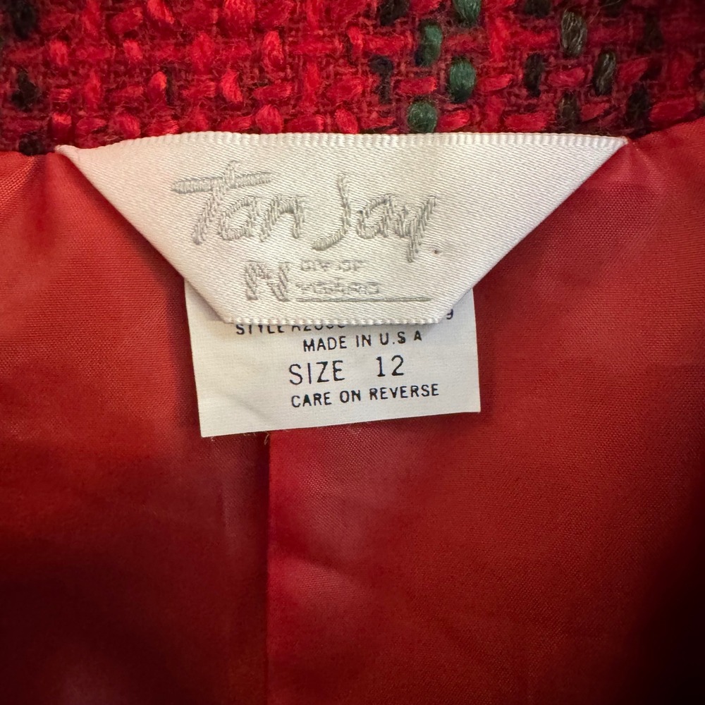 Tan Jay Vintage Red Plaid Tweed Blazer Gold Crest Button Jacket US 12 A2886 - Picture 2 of 8